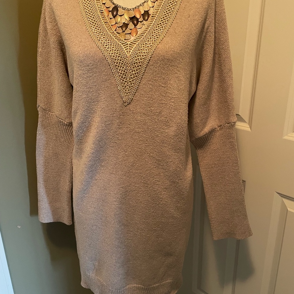 Beige Knit Sweater Dress with Crochet Detail